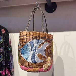 Vintage Woven Basket w/Woven Fish Design Handbag